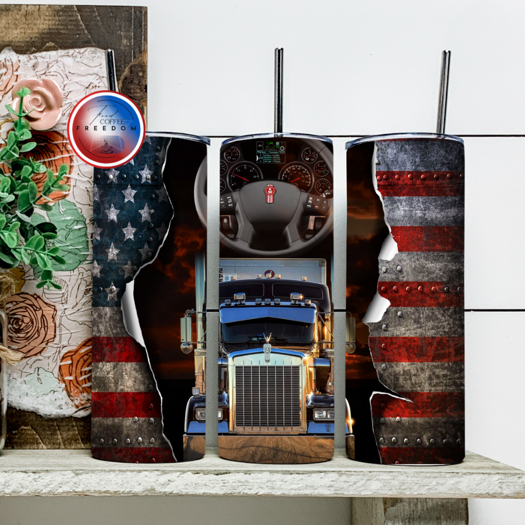 Patriotic truck steering wheel trucker tumbler 20oz