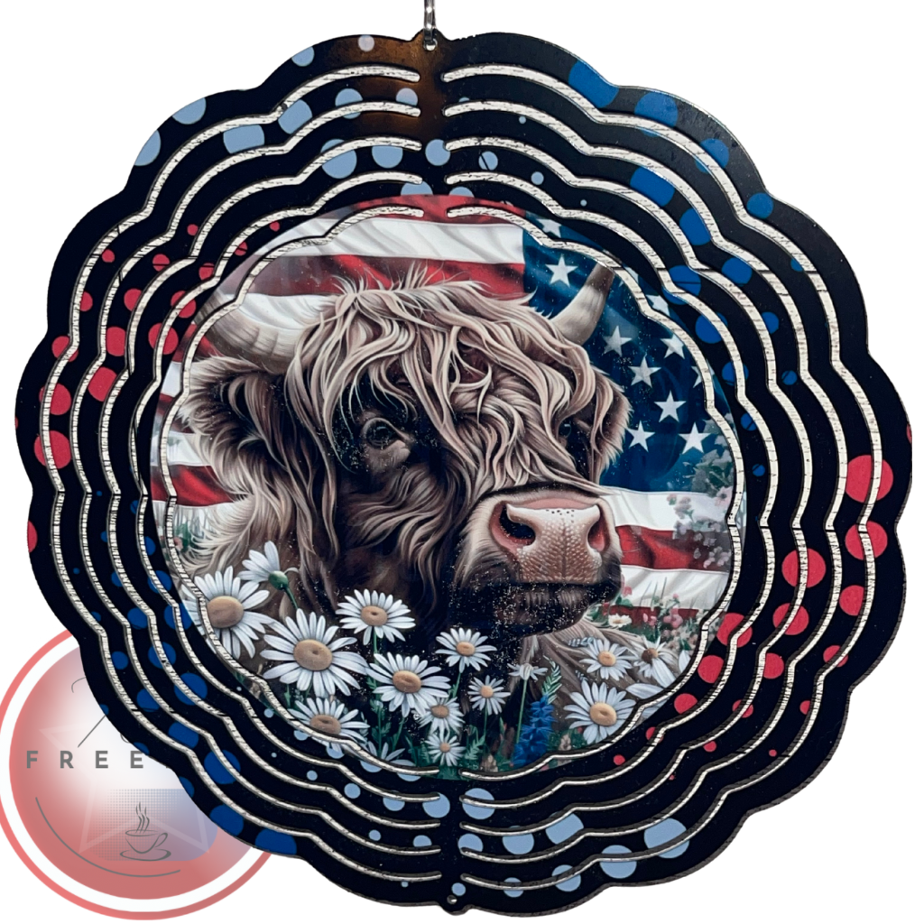 Highland Cow, Patriotic design Wind Spinner.
